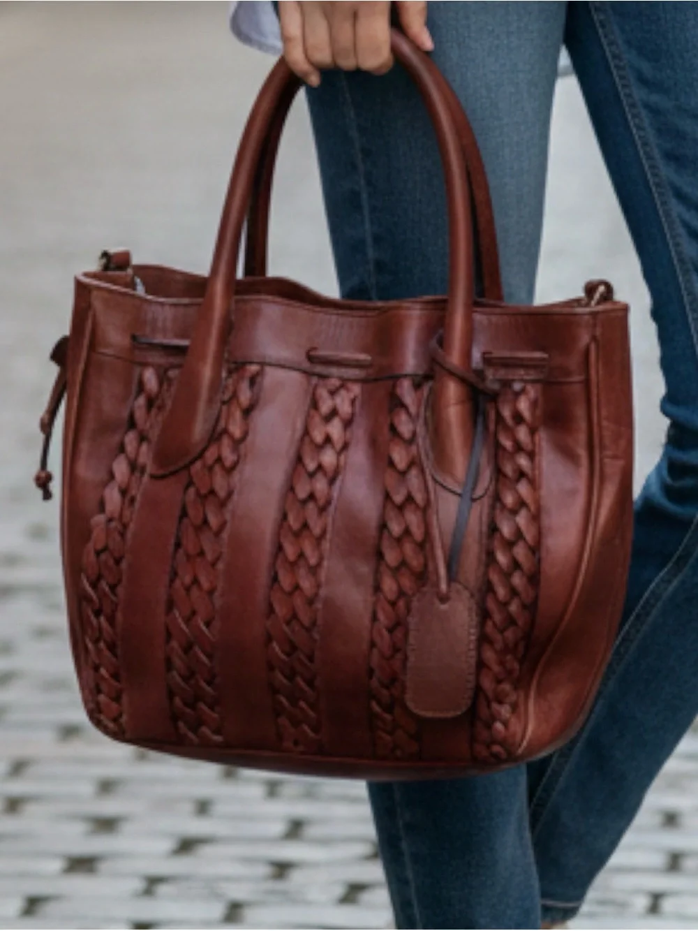 Etienne Aigner Vintage Cognac Brown Woven Leather Satchel Handbag
